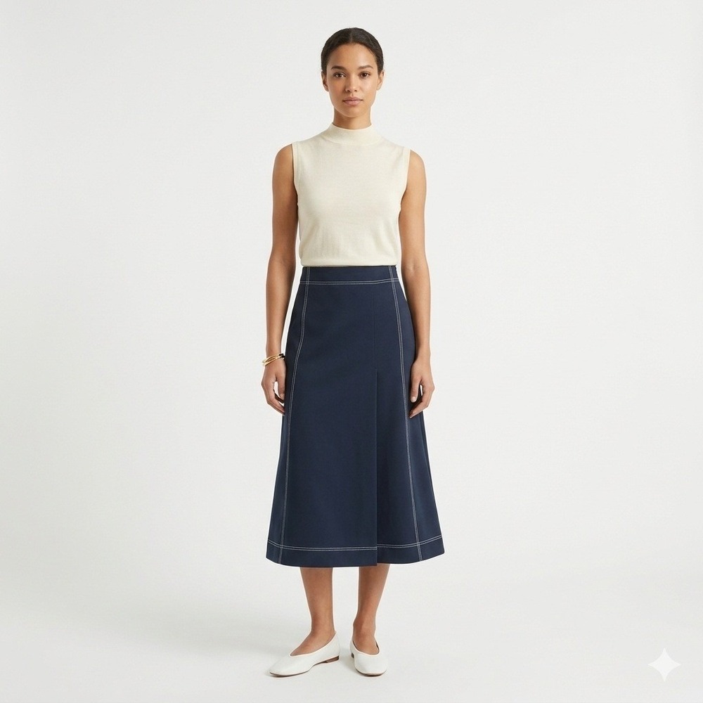 TIBI Navy Blue Contrast Stitch A-Line Midi Skirt Size 2 Career Nautical NWT $495